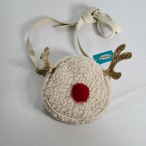 Mad Love Fleece Gold Glitter Holiday Reindeer Beige Crossbody Small Purse